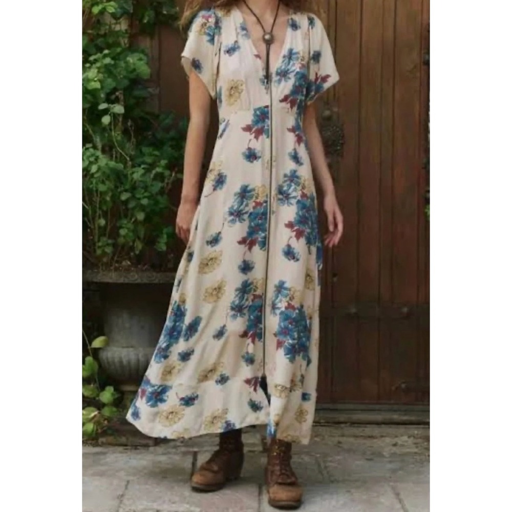 The Great Maxi Dress Womens 3 Cream Floral Good Zip Front V-Neck Short Sleeve